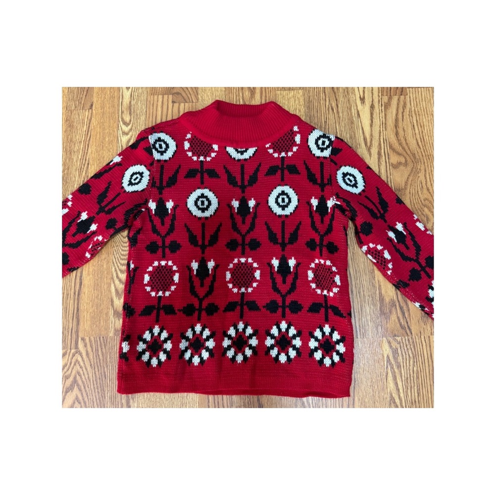 Vintage 60s 70s Dralon Hochbausch Red Floral Sweater Mod German Knit M